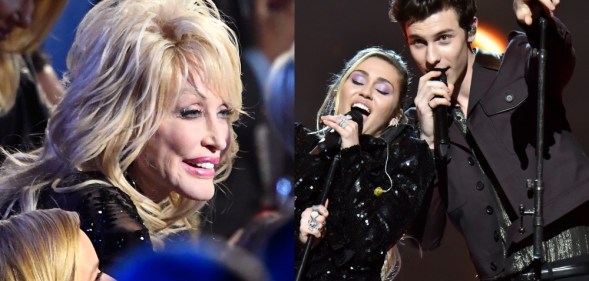 Dolly Parton sitting in a crowd / Miley Cyrus and Shawn Mendes singing for her