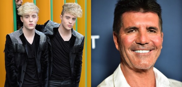On the left: Jedward pose against an orange and green wall. On the right: Headshot of Simon Cowell smiling in a white shirt.