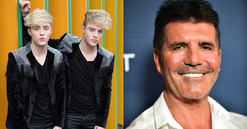 On the left: Jedward pose against an orange and green wall. On the right: Headshot of Simon Cowell smiling in a white shirt.