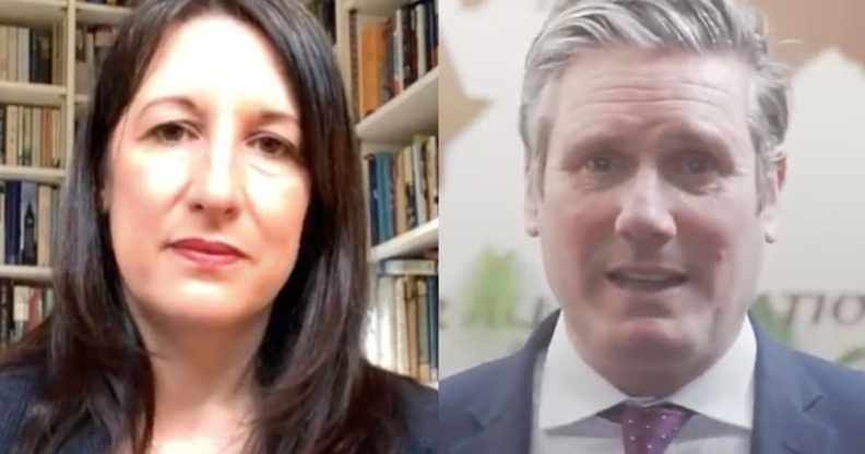 On the left: Rachel Reeves speaks to her laptop webcam in front of her bookshelf. On the right: Keir Starmer speaks wearing a suit.