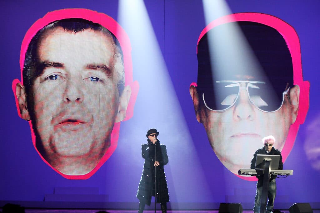 Neil Tennant and Chris Lowe of The Pet Shop Boys perform at the Brit Awards 2009
