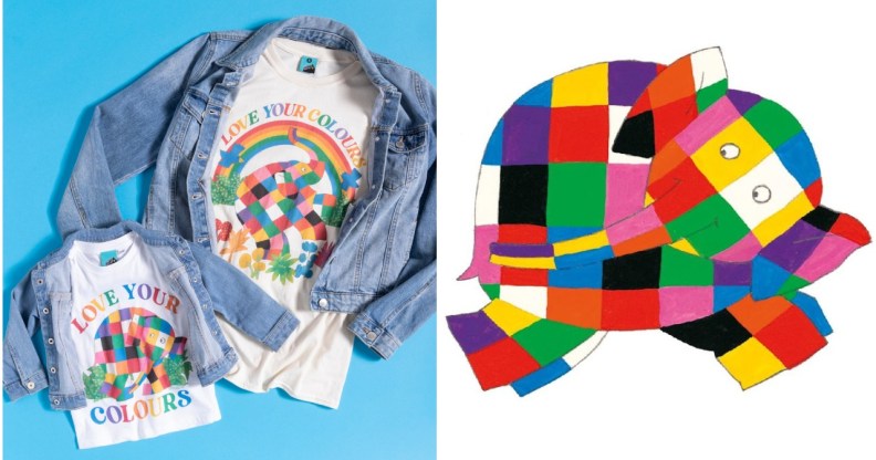 Elmer the Elephant features on a 'Love Your Colours' Pride t-shirt. (TruffleShuffle/AndersenPress)