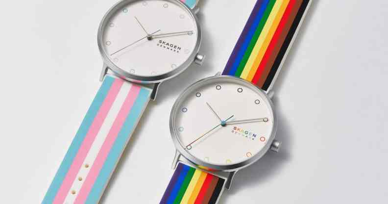 Skagen's Pride watches include rainbow and trans flag inspired designs. (Skagen)