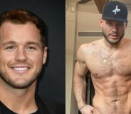 On the left: Colton Underwood smiles at the red carpet. On the right: Colton Underwood stands shirtless while looking at the camera