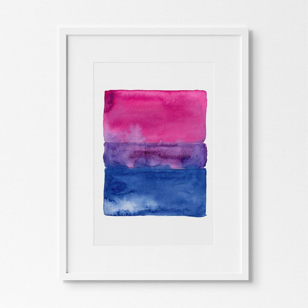 A watercolour print in the bi flag colours. (Etsy/SandraBlackArt)