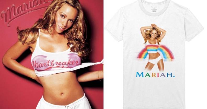 Mariah Carey on the cover of her Heartbreaker single wearing a white cropped tank-top (which is now available to purchase) with a broken heart and the word 'Heartbreaker' / A white t-shirt with Mariah Carey's Rainbow artwork on, showing her in another white tank and white pants, with a rainbow extending from the tank to the background