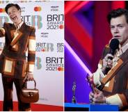 Harry Styles at the 2021 BRIT Awards wearing a Gucci suit. (Photo by JMEnternational/JMEnternational for BRIT Awards/Getty Images & Photo by Dave J Hogan/Getty Images)