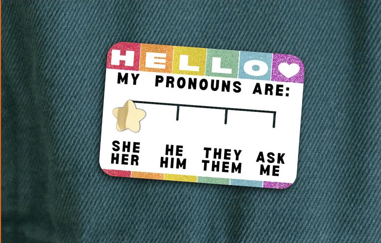 This prounoun pin features a slider. (PUNimpressed)