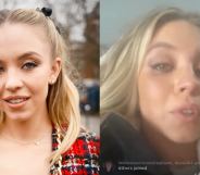 On the left: Euphoria star Sydney Sweeney wearing Balmain red tweed jacket. On the right: Sydney Sweeney cries to the camera while sat in a chair