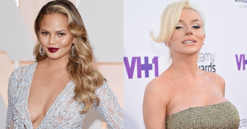 On the left: Chrissy Teigen poses in a silver dress on the red carpet. On the right: Courtney Stodden poses on the red carpet in a bedazzled dress