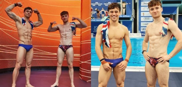 Tom Daley (L) and Matty Lee stand shirtless by the pool