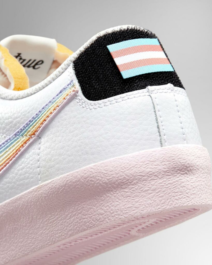 The Blazer Low '77 sneakers featuring the trans flag patch. (Nike)