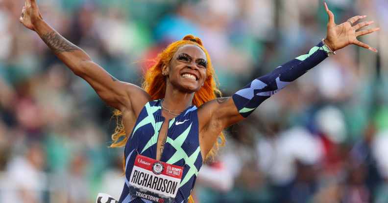 Sha'Carri Richardson celebrates winning the Women's 100-metre final on day two of the 2020 US Olympic track and field team trials