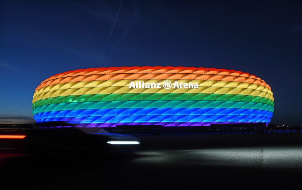 The Allianz arena lit with rainbow colours for Christopher Street Day, 2019