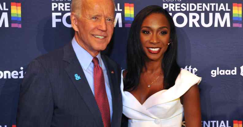 Joe Biden and Angelica Ross smiling for cameras