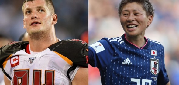 On the left: Carl Nassib in his uniform on the pitch. On the right: Kumi Yokoyama in their football jersey on the pitch.