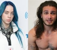 On the left: Billie Eilish with blue hair on the red carpet. On the right: Matthew Tyler Vorce shirtless with long hair