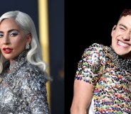 On the left: Lady Gaga in a silver dress. On the right: Olly Alexander in a rainbow sparkled top.