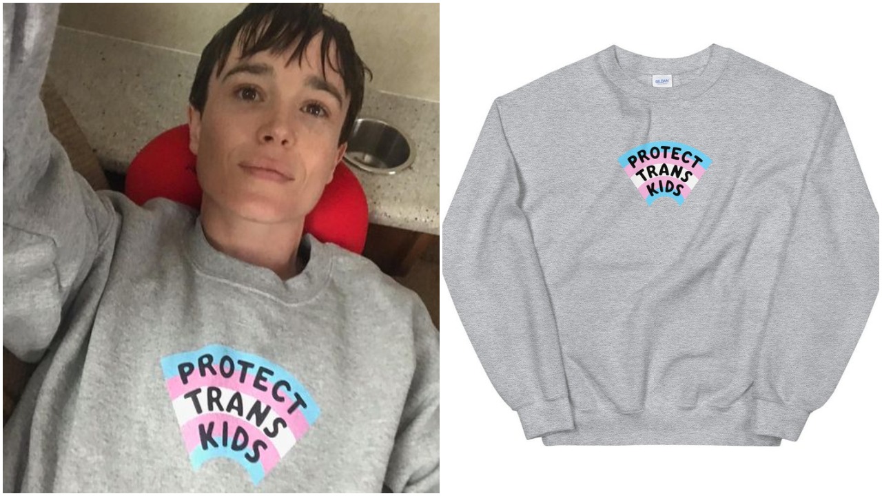 Elliot Page posed in a "Protect Trans Kids" sweatshirt in a post on his Instagram page. (Instagram/Etsy)