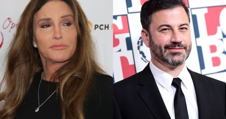 On the left: Caitlyn Jenner poses on the red carpet. On the right: Jimmy Kimmel smiles on the red carpet.