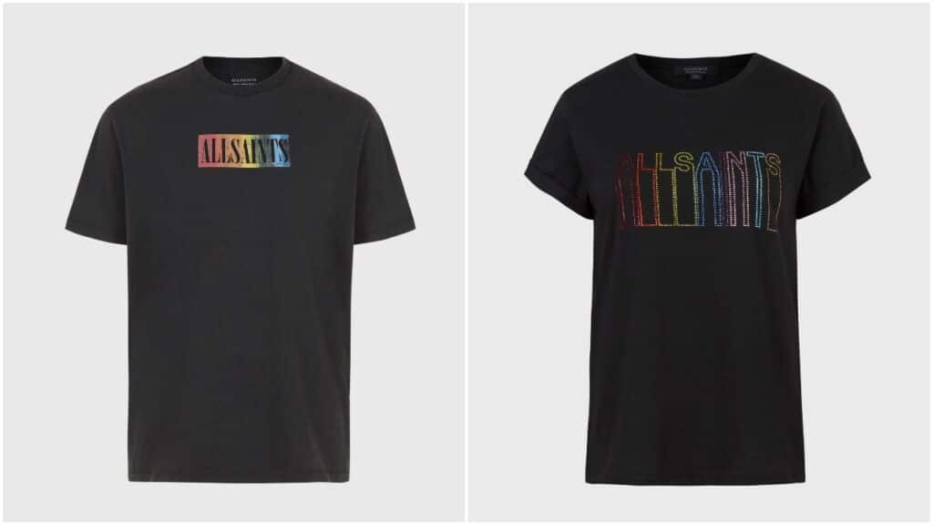 The t-shirts feature the signature All Saints logo in a rainbow design for Pride. (All Saints)