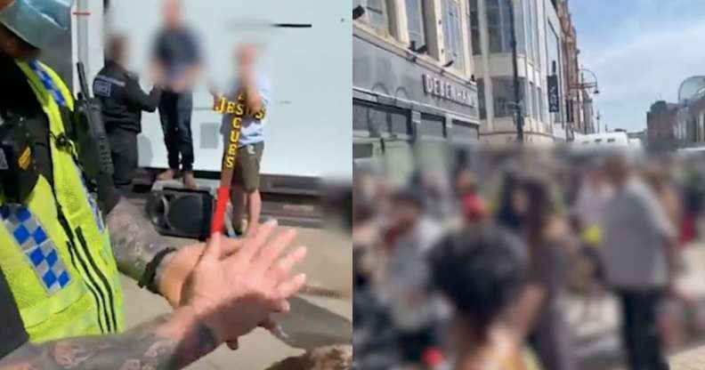 On the left: A preacher stands on a platform next to a cross as he is arrested by police. On the right: Crowds of people, pixellated, cheering