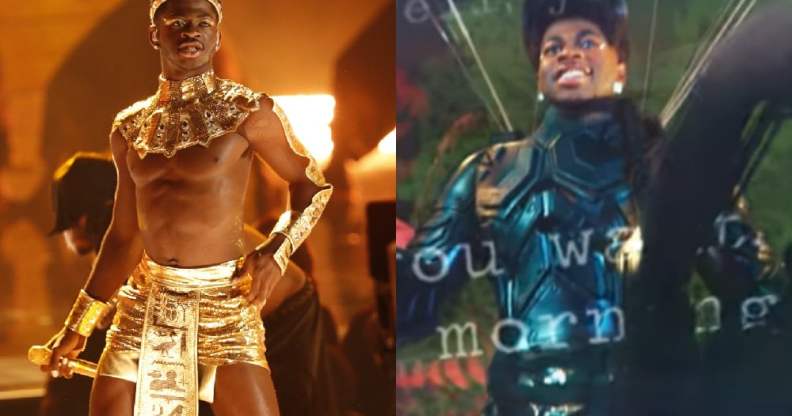 Lil Nas X topless in a gold skirt and Egyptian-style headpiece / Lil Nas X as an action hero