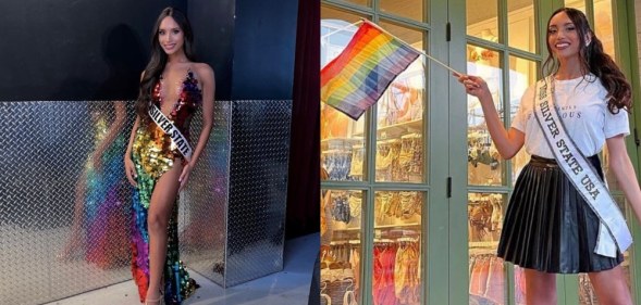 Side-by-side shots of Kataluna Enriquez wearing a rainbow dress and waving a Pride flag