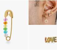 The Pride earring collection from Studs features a rainbow safety pin and 'Love' logo. (Studs)