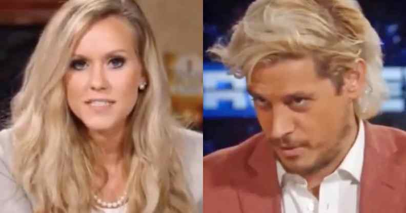 On the left: Lauren Witzke addresses the camera in a blazer and set of pearls. On the right: Milo Yiannopoulos looks down in a blazer and shirt