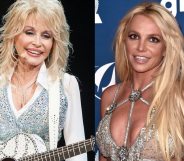 Dolly Parton performing with a guitar on-stage and Britney Spears posing at the GLAAD Awards