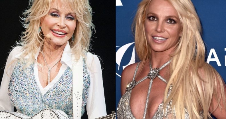 Dolly Parton performing with a guitar on-stage and Britney Spears posing at the GLAAD Awards