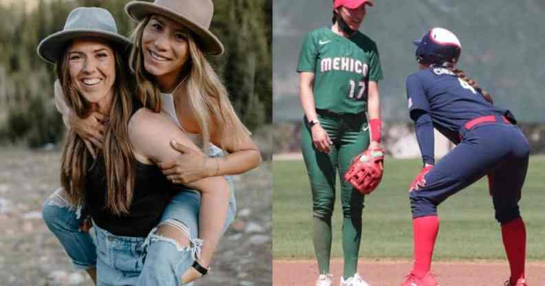 Side-by-side photos of Team USA softball player Amanda Chidester and fiance Anissa Urtez Team Mexico player at the 2020 Tokyo Olympics