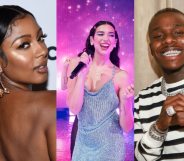 Victoria Monét posing on the red carpet, Dua Lipa performing on stage, and DaBaby posing for a photograph