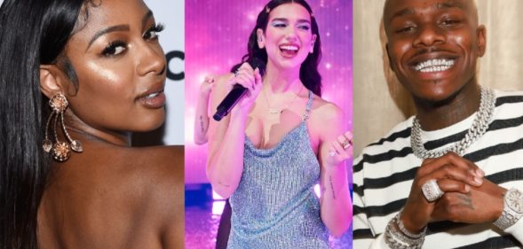 Victoria Monét posing on the red carpet, Dua Lipa performing on stage, and DaBaby posing for a photograph