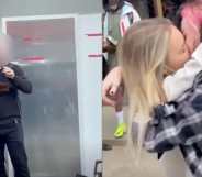 On the left: A blurred out street preacher in front of a shuttered shop. On the right: Two women sharing a kiss