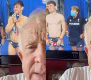 Half of Leslie Jordan's face in front of a television screen of Tom Daley and Matty Lee at the Olympics