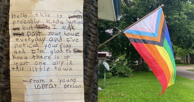 On the left: A photograph of a letter. On the right: A Progress Pride flag hanging from a house front.