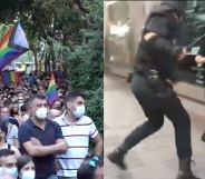 On the left: Thousands packs a street waving LGBT+ Progress flags. On the right: A riot officer hits a protester with a baton