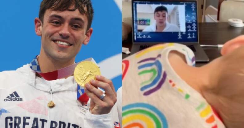 Tom Daley holding his Olympic gold medal / his son watching a video on a laptop of him