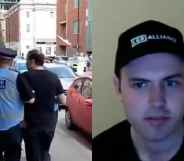 On the left: Alexander Bramham being escorted by police. On the right: Alexander Bramham wearing an LGB Alliance cap