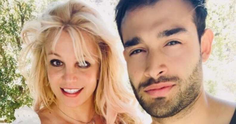 Britney Spears poses with her boyfriend Sam Asghari at their California home