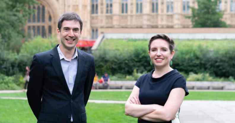 Green party leadership candidates Carla Denyer and Adrian Ramsay stand side by side and call for politicians to champion LGBT+ rights and tackle transphobia