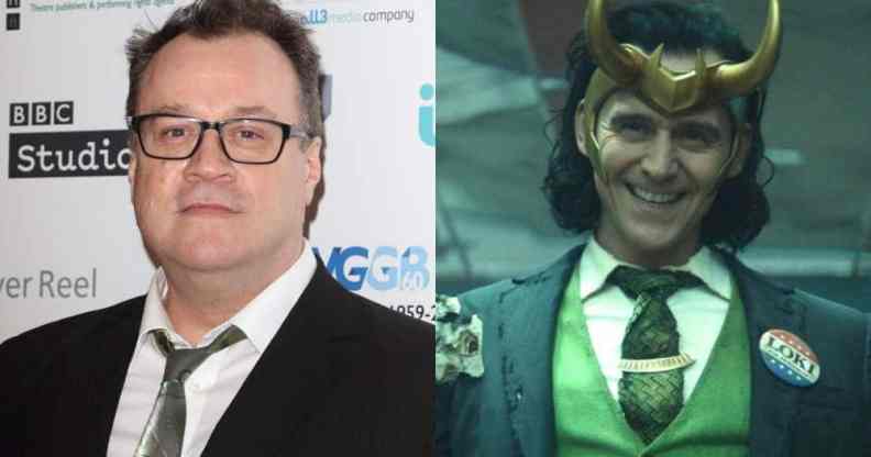 Side by side of Russell T Davies and Loki from Disney Plus series