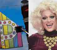 Side by side of Panti Bliss and Panti Bar flag in gay bar Dublin