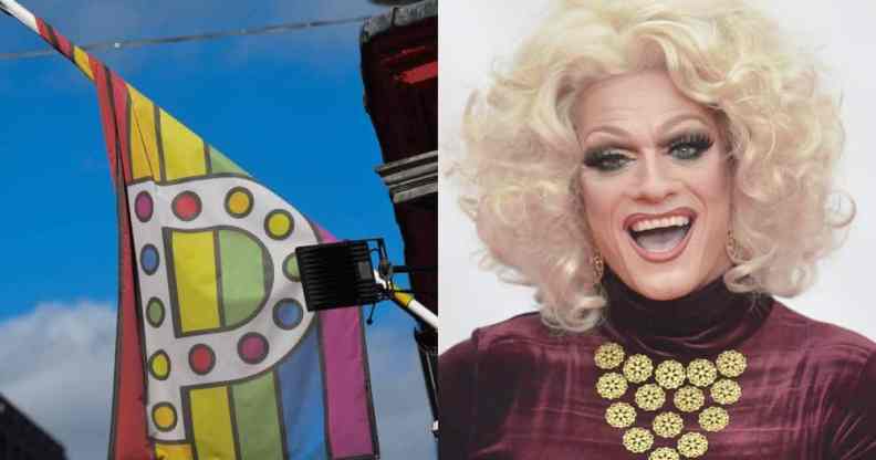 Side by side of Panti Bliss and Panti Bar flag in gay bar Dublin