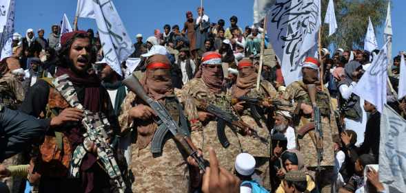 Taliban militants gather in Alingar district of Laghman Province, Afghanistan, on 2 March 2020.