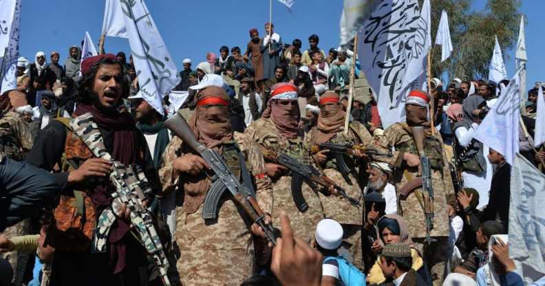 Taliban militants gather in Alingar district of Laghman Province, Afghanistan, on 2 March 2020.