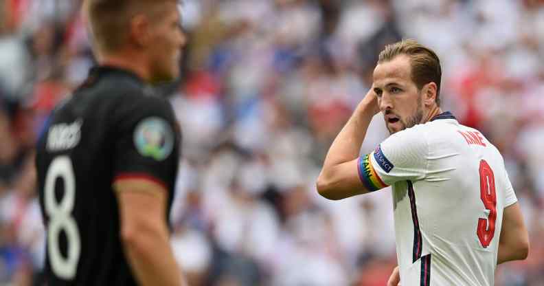 England's Harry Kane of England looks on wearing a rainbow captains armband during the UEFA Euro 2020 Championship