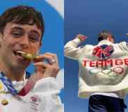 side by side photos of Tom Daley one with his gold medal and another with his hand-knitted cardigan